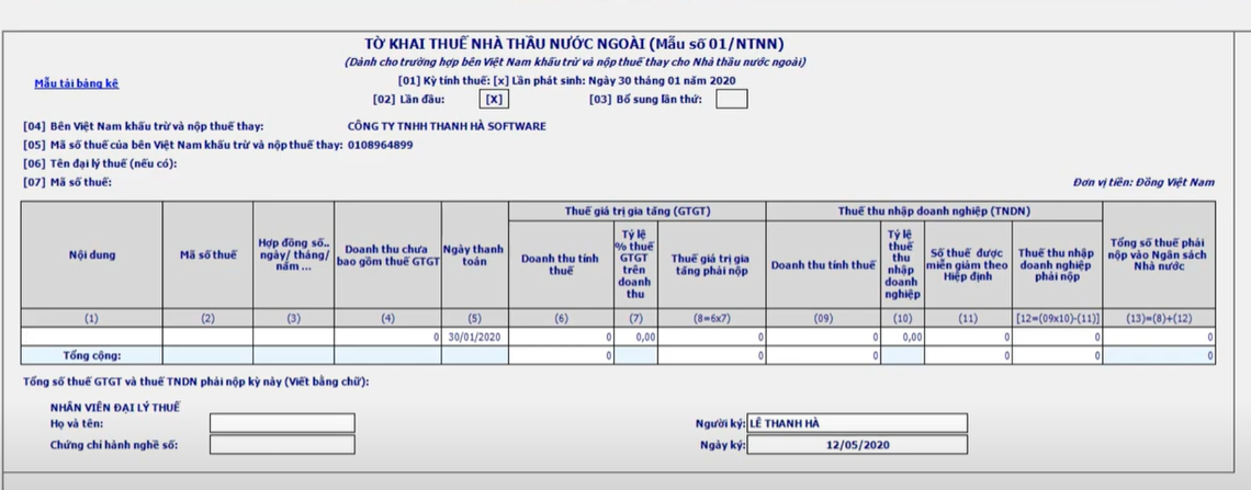 Kê khai thuế nhà thầu nước ngoài